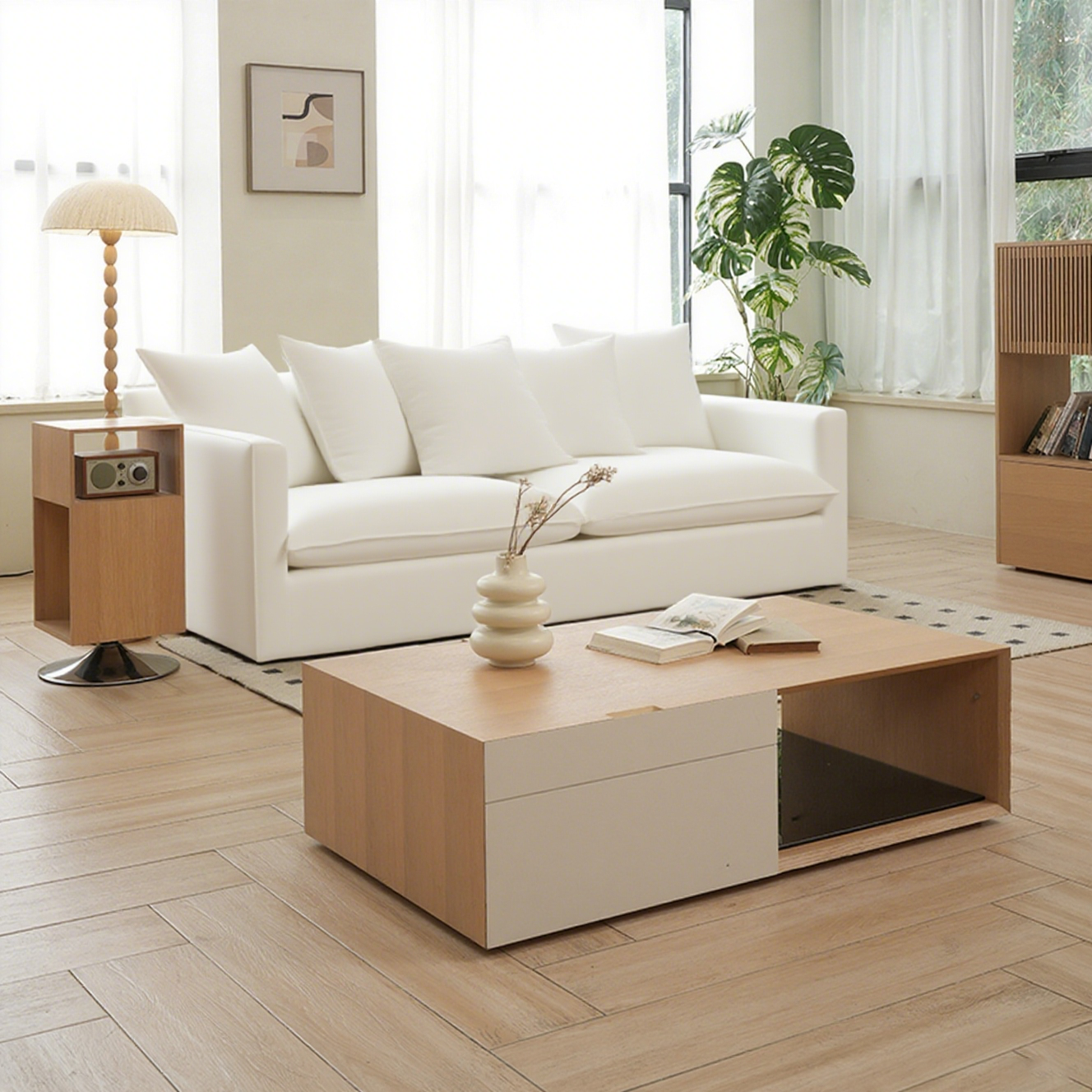 Moonlight White Linen Birch Wood Sofa - French Pure Soft-Touch Lounge Sofa With 3/4 Seater For Living Room