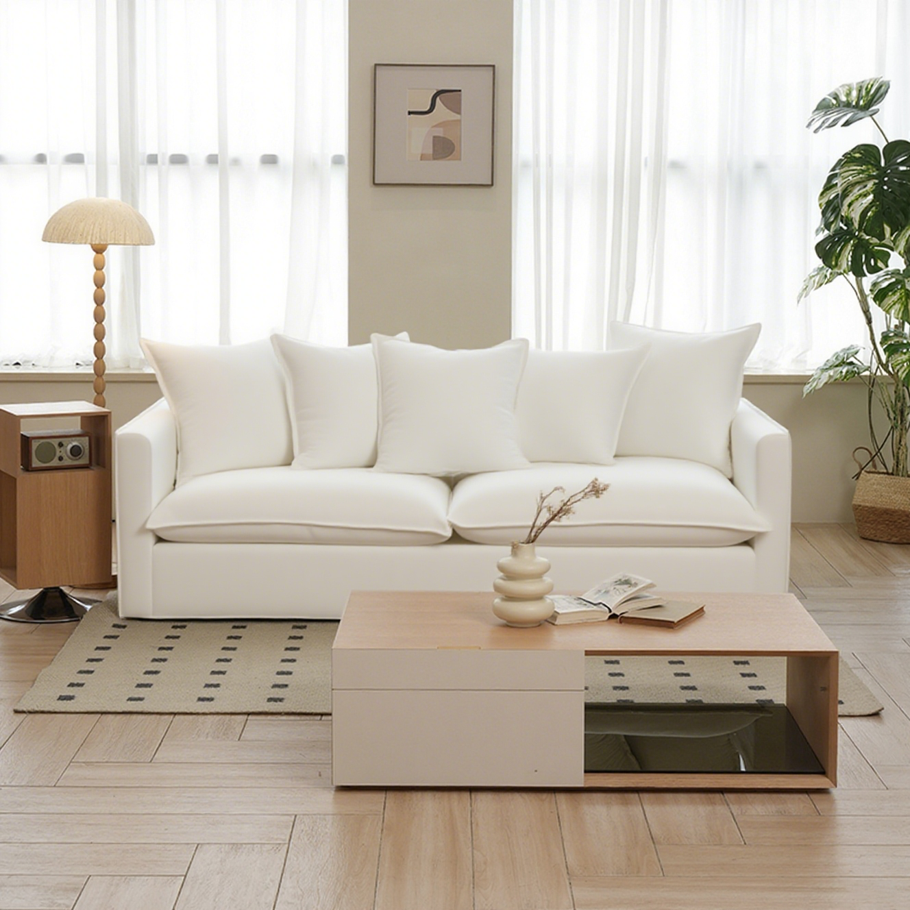 Moonlight White Linen Birch Wood Sofa - French Pure Soft-Touch Lounge Sofa With 3/4 Seater For Living Room