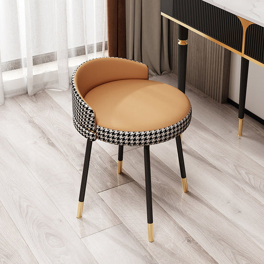 Contemporary Nordic Round Houndstooth Faux Leather Fabric Splicing Vanity Stool Low Back For Bedroom