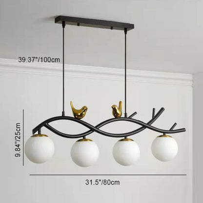 Contemporary Creative Bird Hardware Branch Glass Ball Shade 4-Light Island Light Chandelier For Living Room