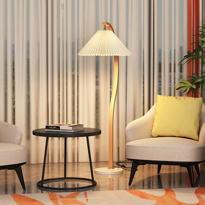 Japanese Minimalist Pleated Fabric Curved Iron 1-Light Standing Floor Lamp