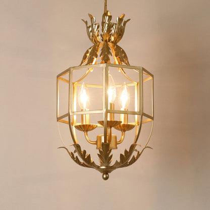 Vintage Wrought  Iron Lantern Cage 3-Light Chandelier
