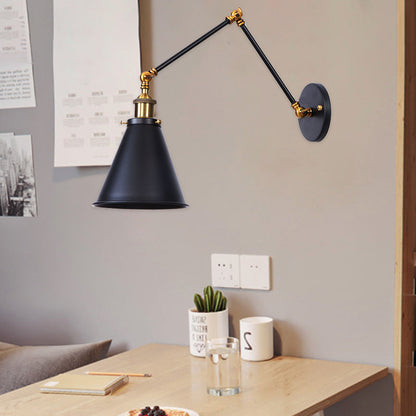Industrial Vintage Iron Cone Swing Arm 1-Light Wall Sconce Lamp