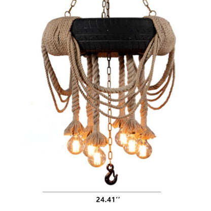 Vintage Industrial Hemp Rope Black Tire 6-Light Chandelier