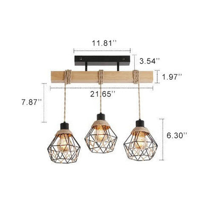 Vintage Industrial Hemp Rope Metal Cage 3-Light Chandelier Ceiling Light