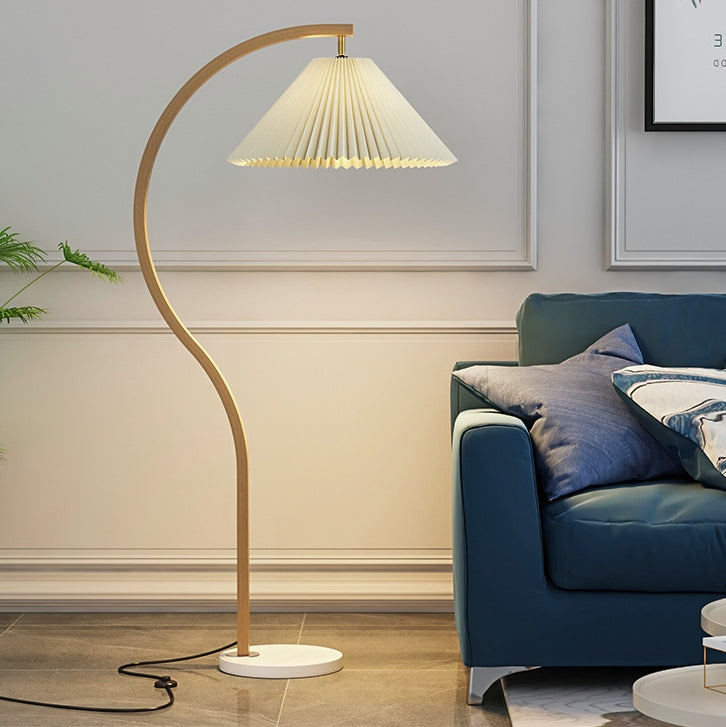 Japanese Minimalist Pleated Fabric Curved Iron 1-Light Standing Floor Lamp