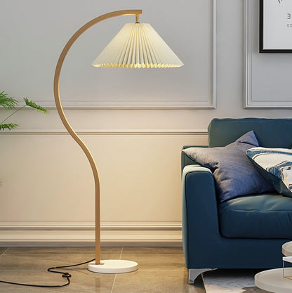 Japanese Minimalist Pleated Fabric Curved Iron 1-Light Standing Floor Lamp